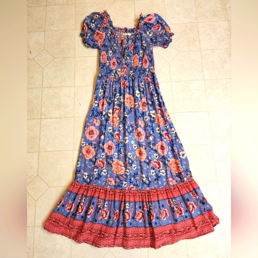 Sunday Up Red and Blue Puff Sleeve Sundress